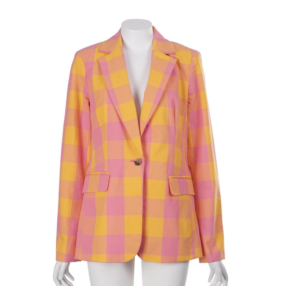 Free Assembly Blazer S Pink Yellow Gingham Check Colorful 1-Button Jacket - Picture 1 of 9